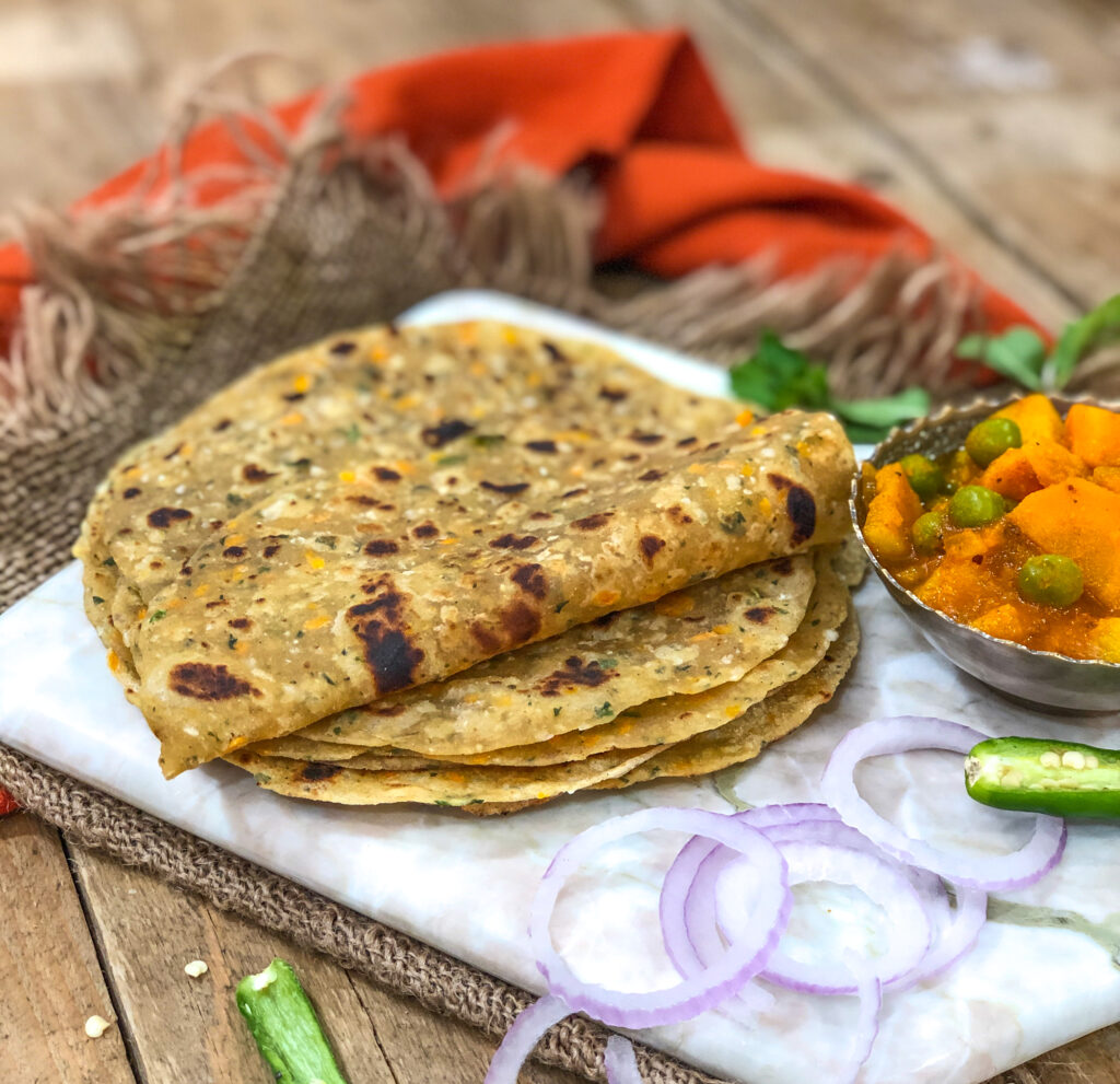Carrot and Cabbage Paratha with Peanut Sauce