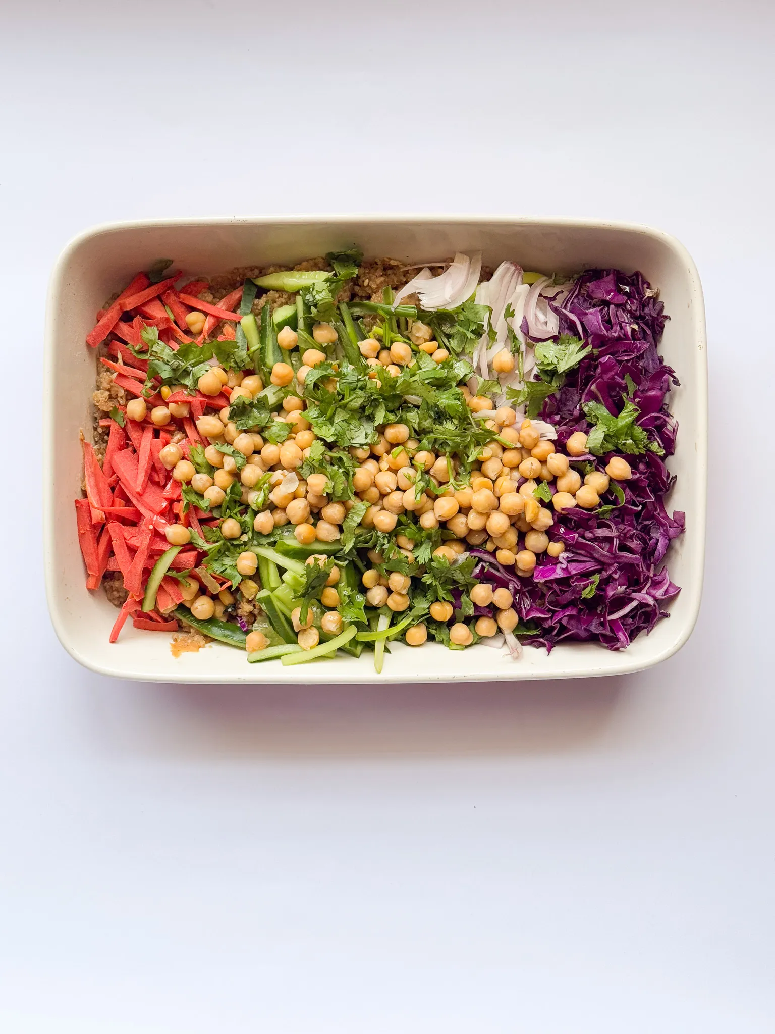 Add veggies and chickpeas and everything as the third layer after peanut butter.