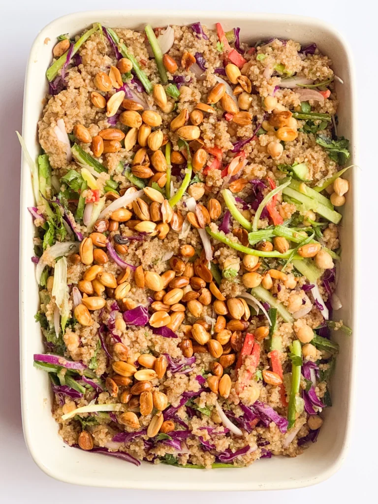 Thai Quinoa Salad in a rectangular bowl: closeup.