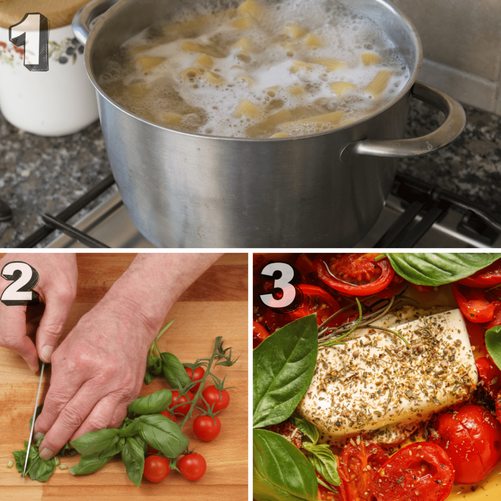 Instructions for Feta Tomato Pasta Bake With Chicken