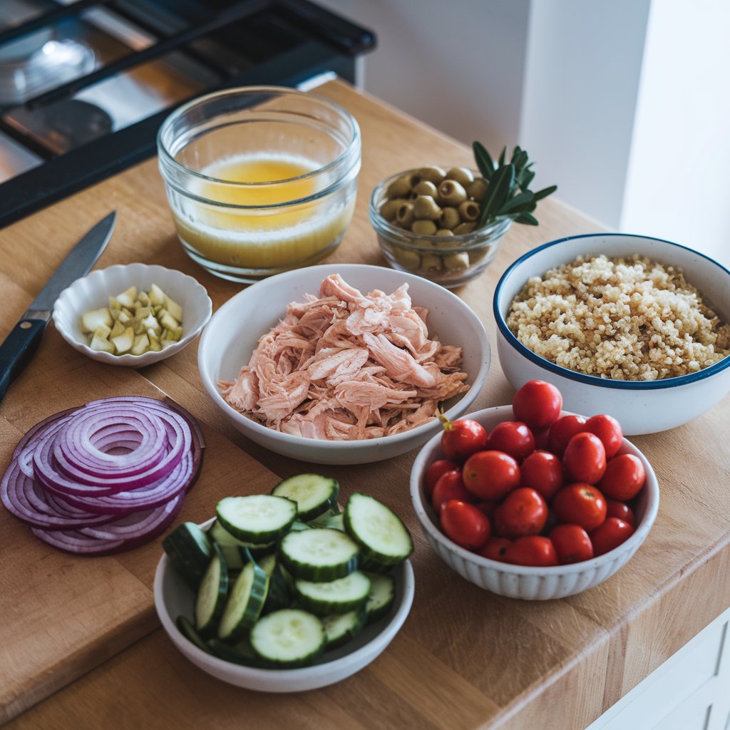 what you'll need for greek chicken quinoa bowl