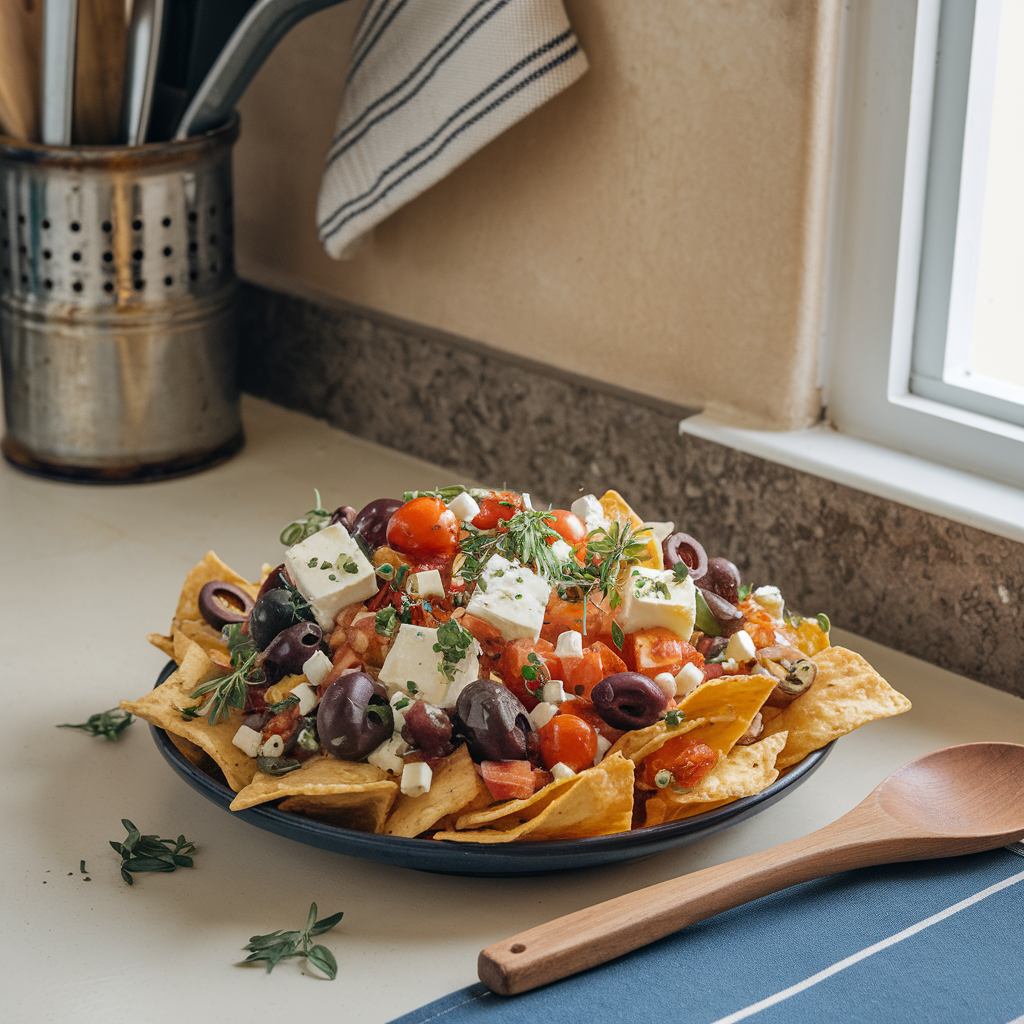 Final look of the Greek nachos by the window.