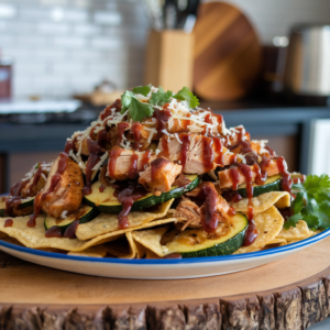 BBQ Chicken Zucchini Nachos with saucy toppings drizzling over.