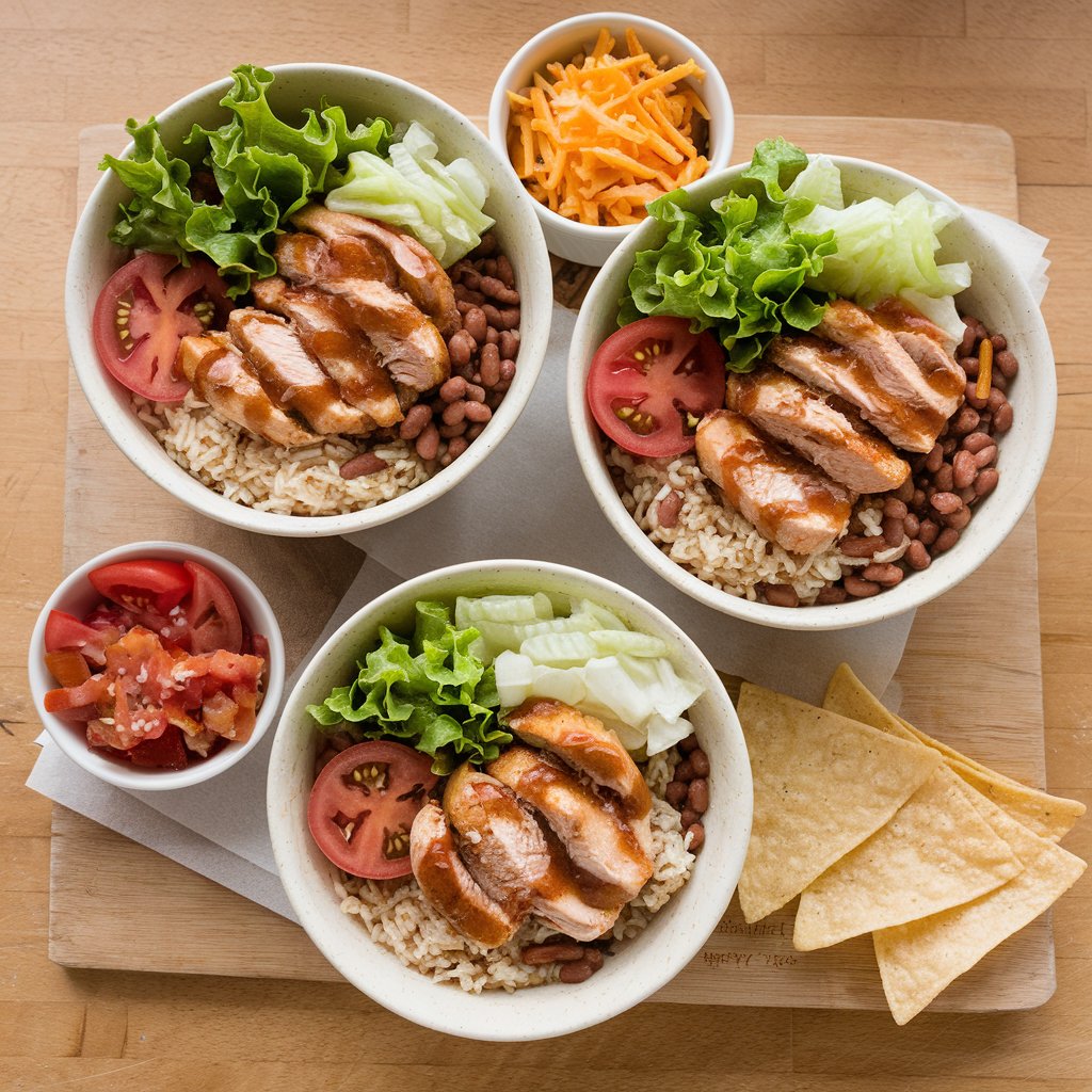 Chipotle Chicken Burrito Bowls with shredded cheese and crackers.