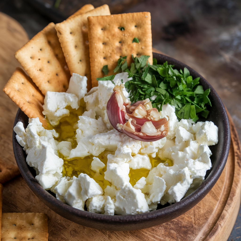 Crumble feta cheese appetizer with crackers.