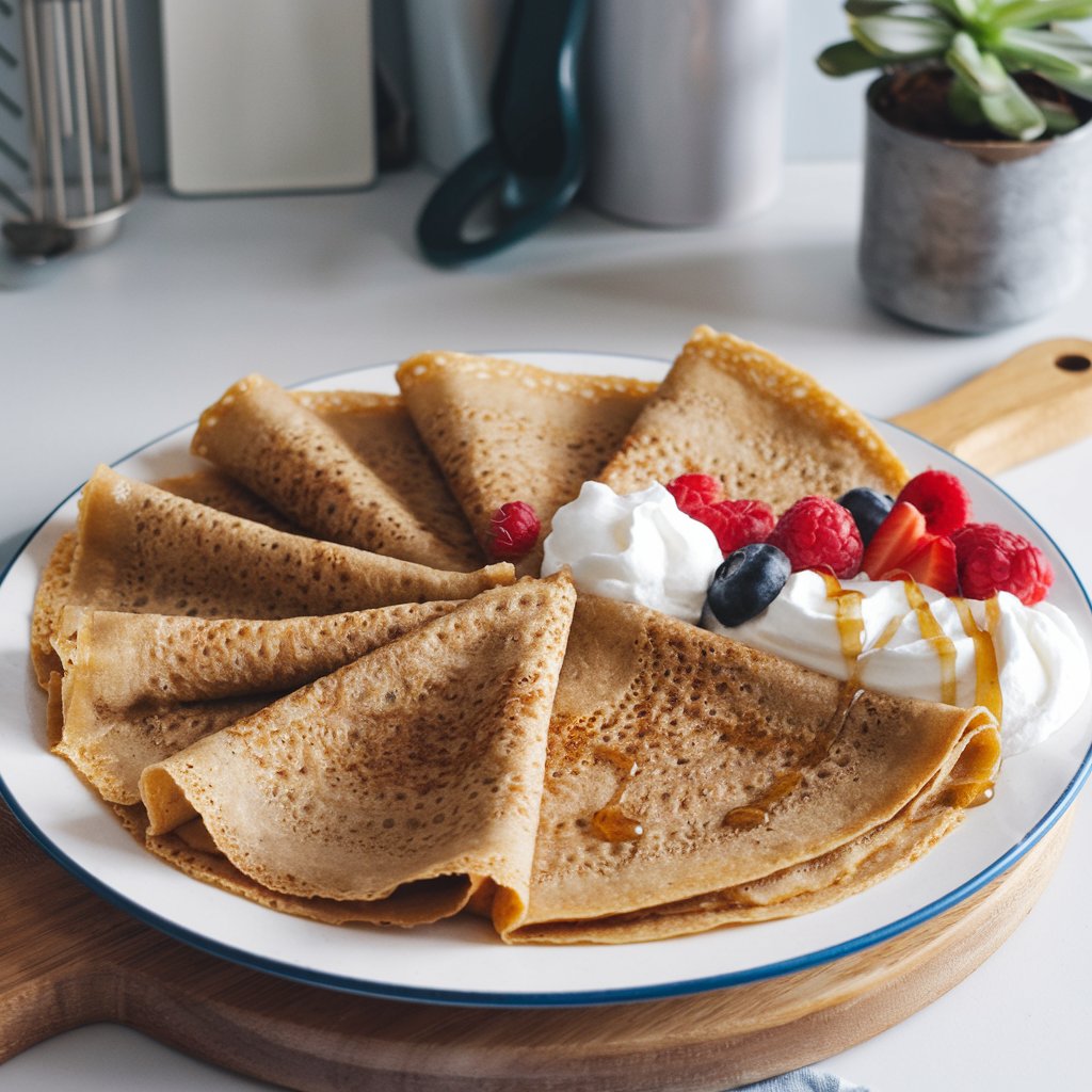 Sweet Oatmeal Crepes with fresh berries and a glazy of maple syrup.