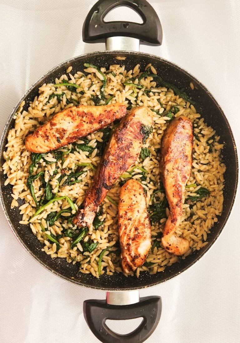 One Pan Salmon with Lemon Orzo Skillet