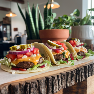 Smashed cheeseburger tacos buffet.