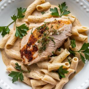 Marry me chicken pasta with garnishing of parsley.