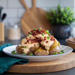 Beautiful plating of Jalapeno Popper Smashed Potatoes with variety of toppings.