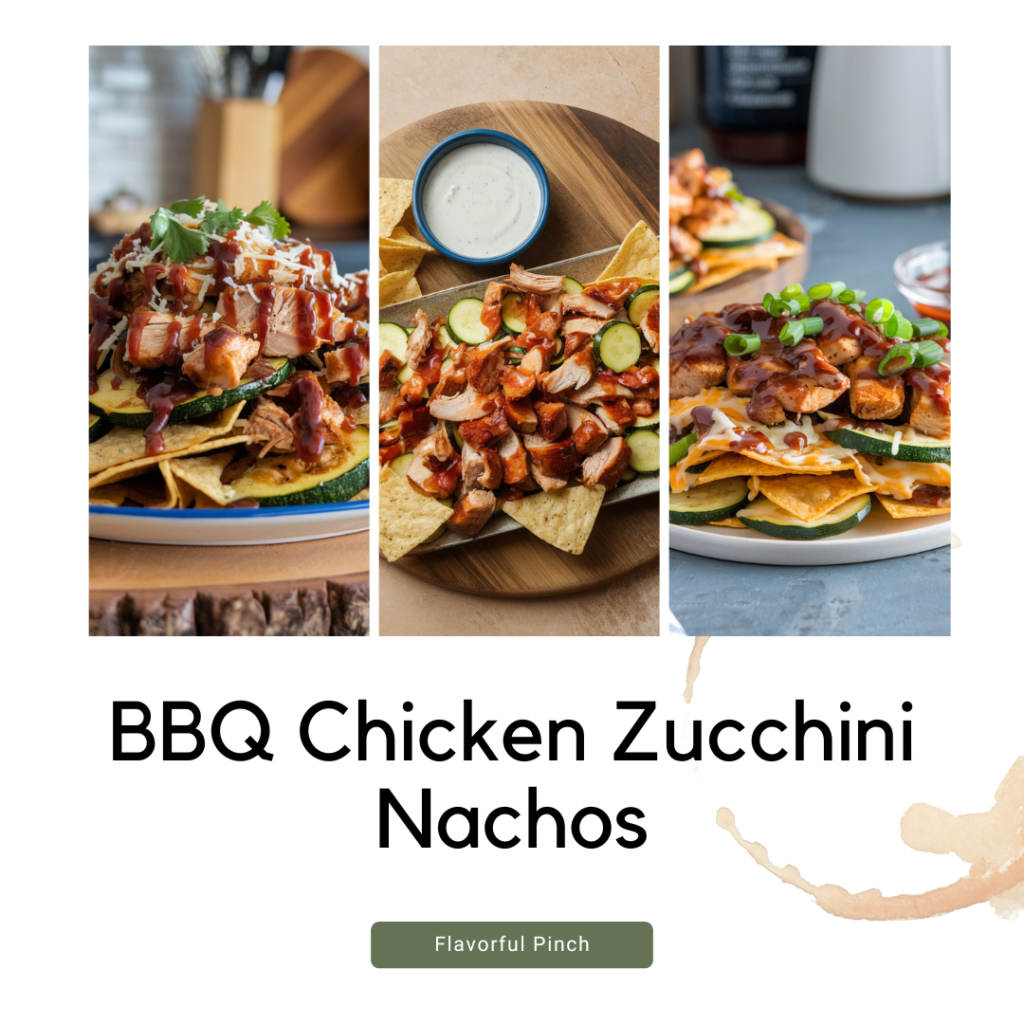 A collage of beautifully plated BBQ chicken zucchini nachos.