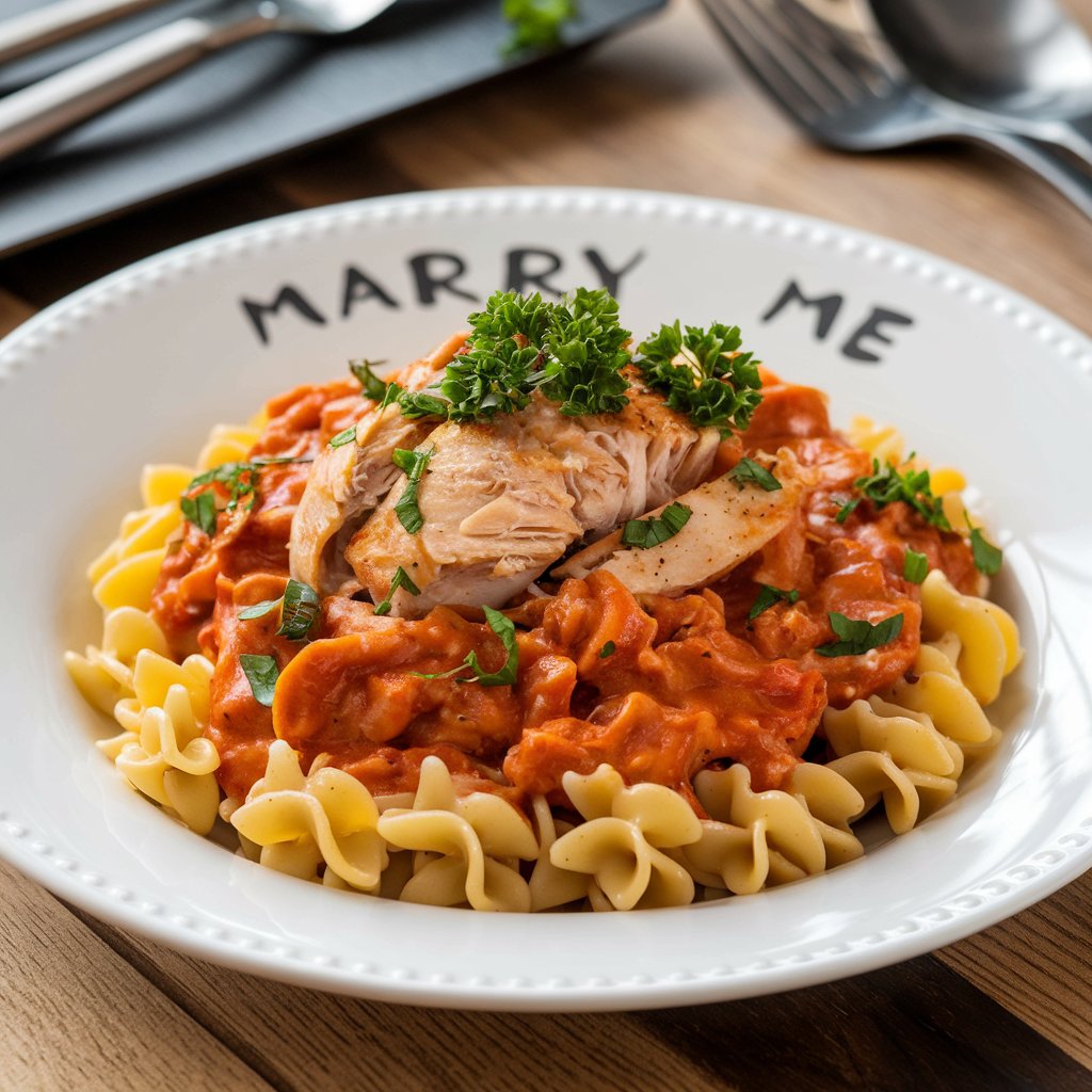 Marry me chicken pasta plated on a "marry me" dinner plate.