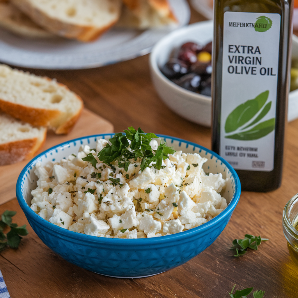 Crumbled feta cheese appetizer with extra virgin olive oil as per need.