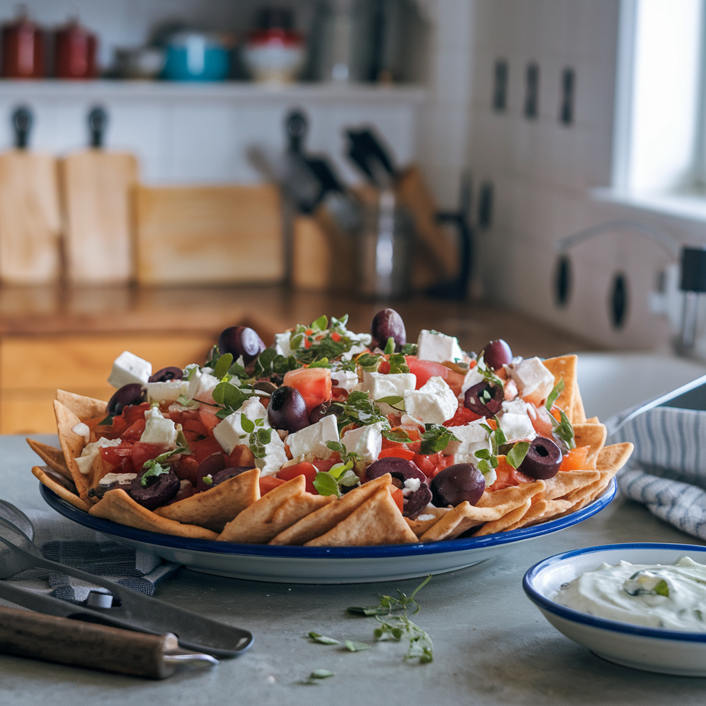 Greek Nachos beautifully plated on a kitchen counter-top with vibrant toppings.