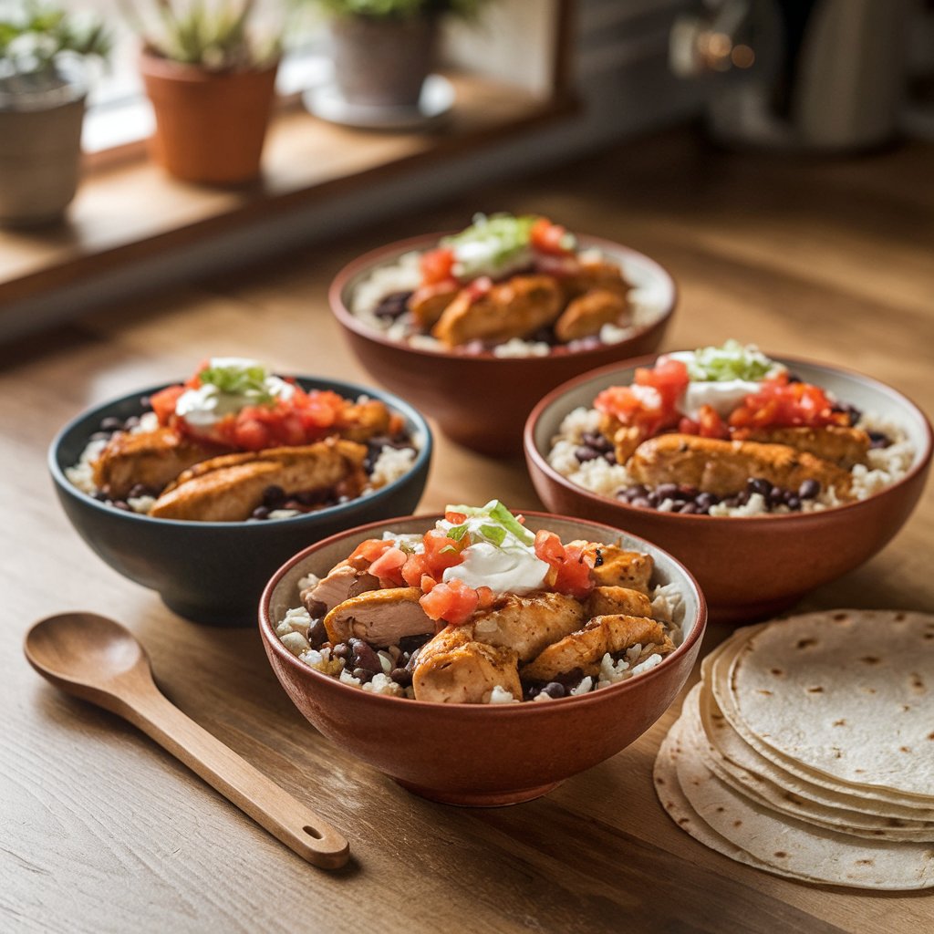 4 bowls of Chipotle Chicken Burrito Bowls with toasted tacos.