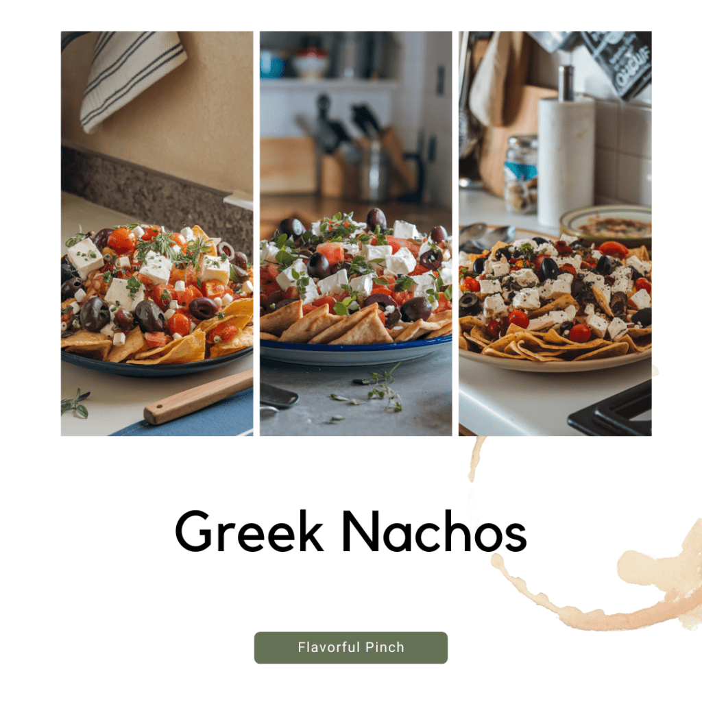 A collage of beautifully plated Greek Nachos.