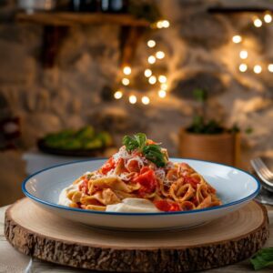 Viral Anna Pauls Turkish Pasta on a wooden tray.