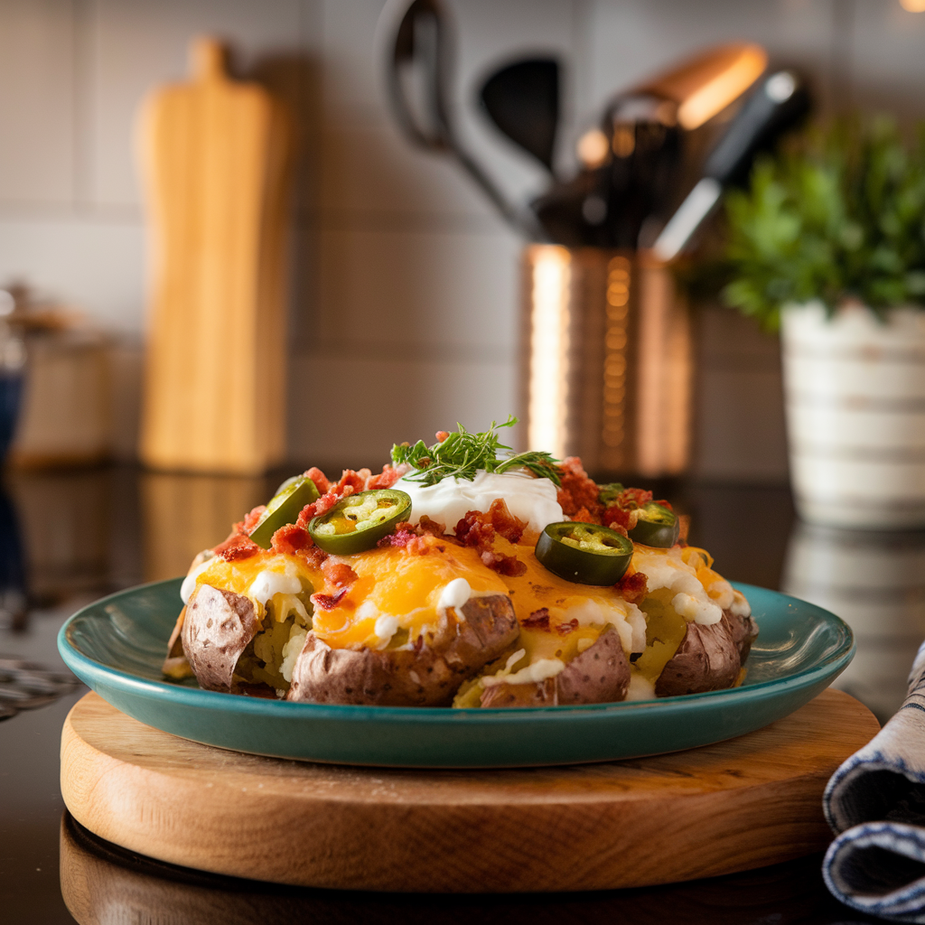 Fully prepared and plated Jalapeno Popper Smashed Potatoes.