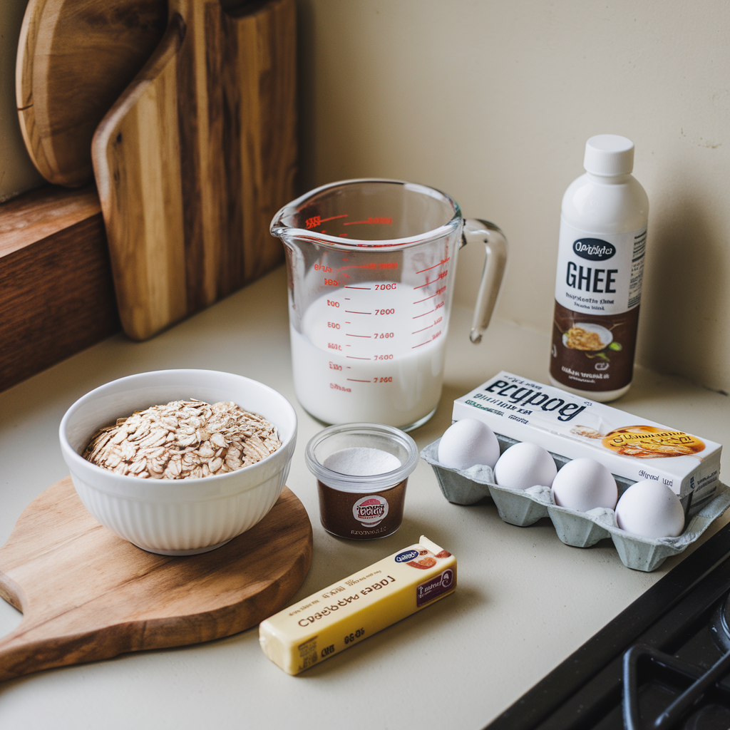 Ingredients, oatmeal, butter stick, ghee, eggs, milk, sweetner