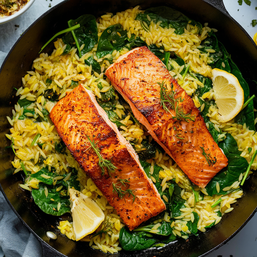 One Skillet Salmon with Lemon Orzo