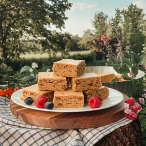 Vegan blondies tower in an outdoor picnic setup.