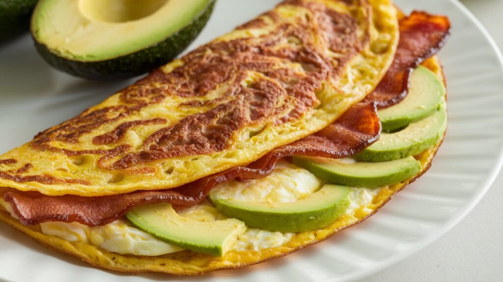 Stuffed avocado and bacon omelette.