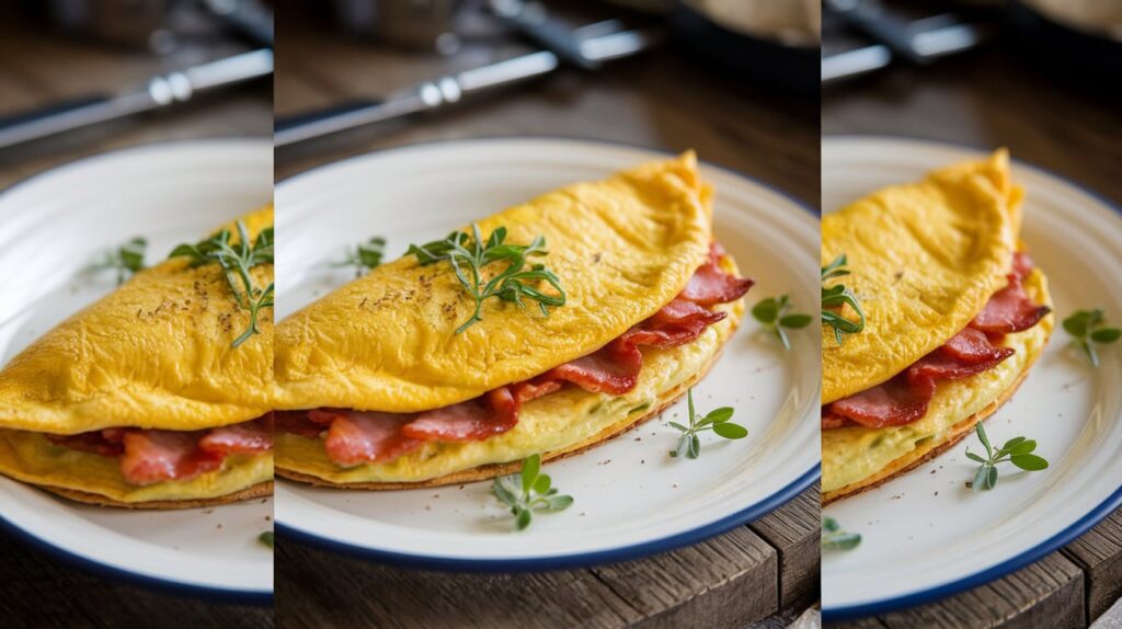 Final form - WP recipe maker's cover for Avocado and Bacon Stuffed Omelet.