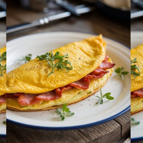 WP recipe maker's cover for Avocado and Bacon Stuffed Omelet.