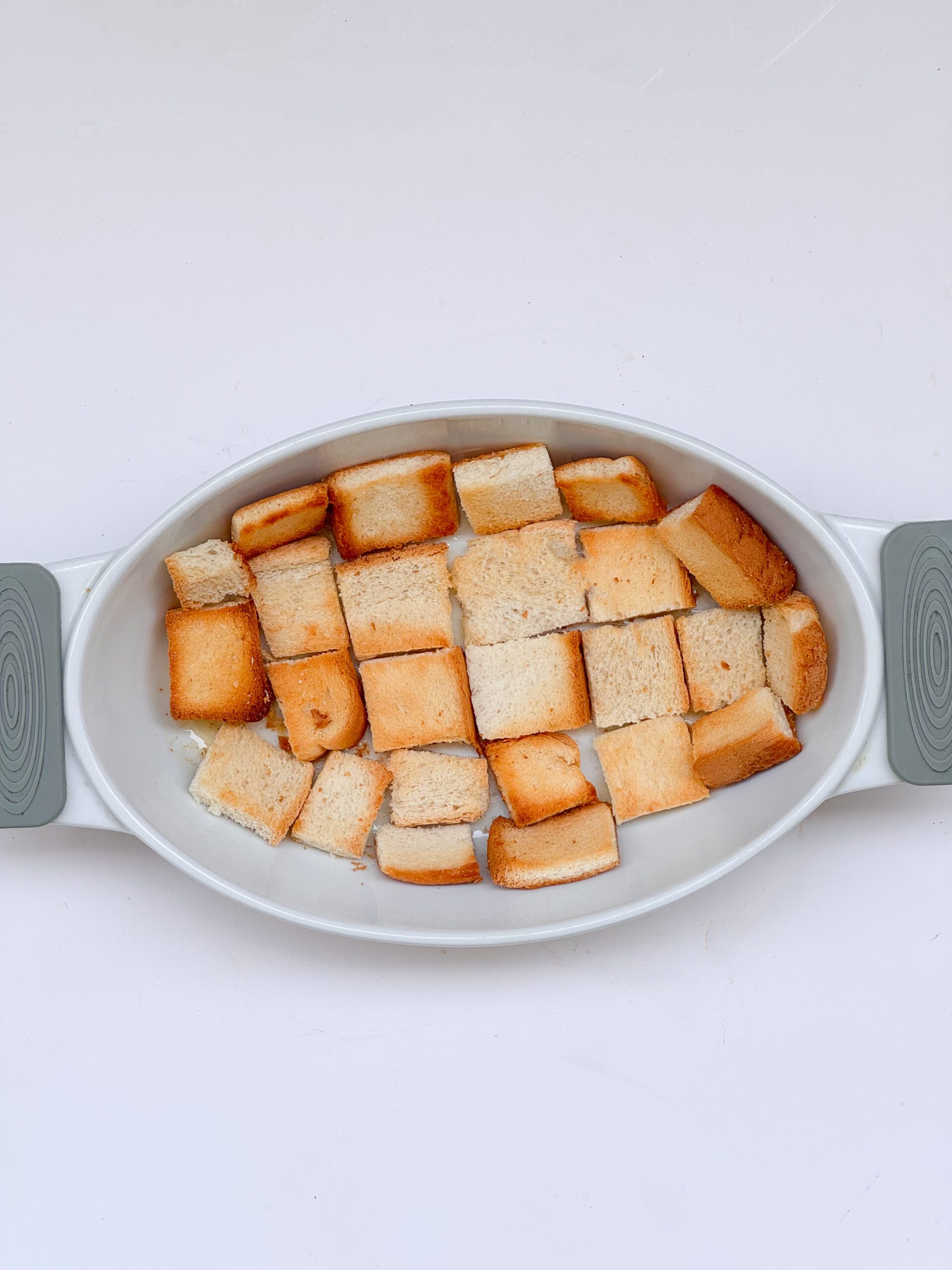 cube the bread onto the dish