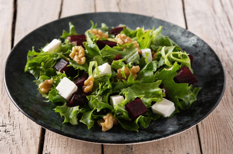 Beet Salad with Feta Cheese, Walnut, and Lettuce