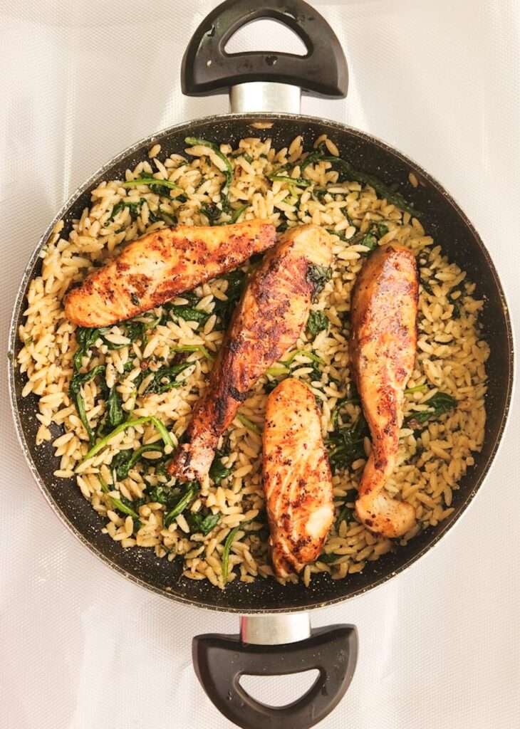 One Skillet Salmon with Lemon Orzo 