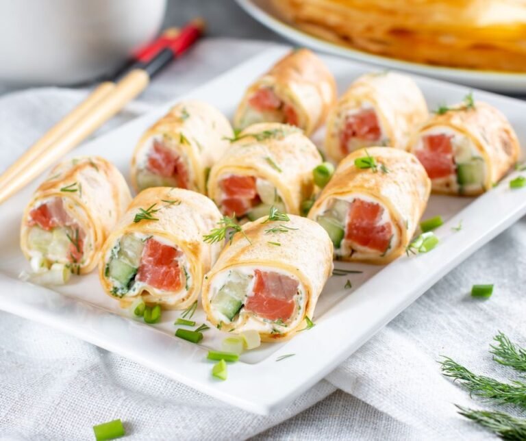 Crepes Rolls With Smoked Salmon, Cream cheese, Cucumber
