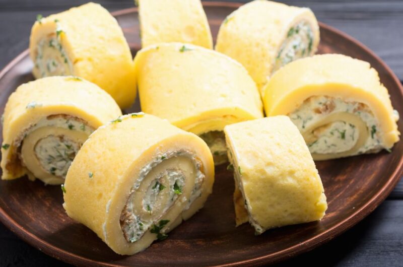 Homemade Eggs Omelet Rolls With Cream Cheese And Parsley