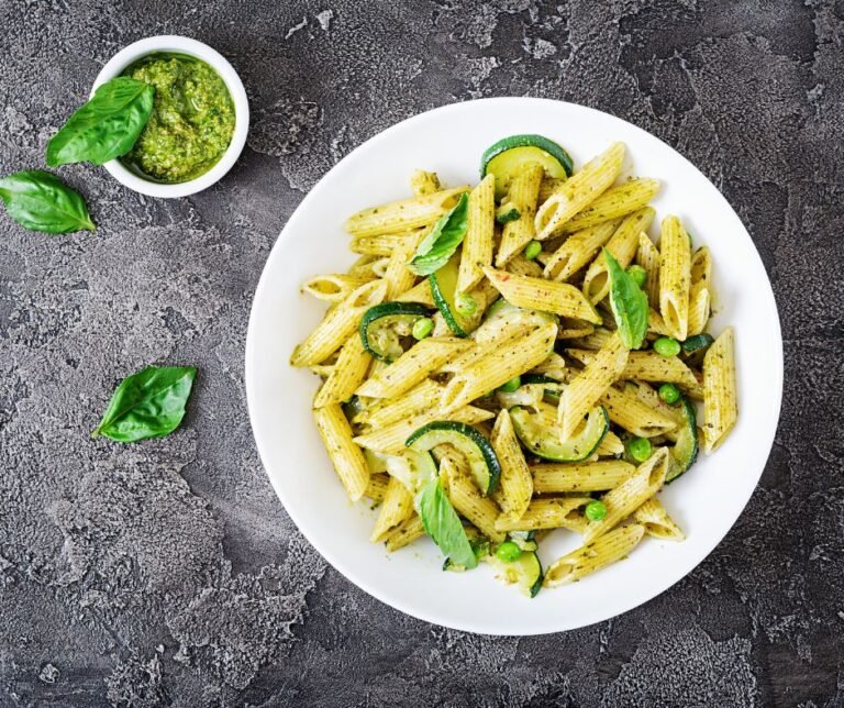 Pesto Penne Pasta with Zucchini, Green Peas and Basil