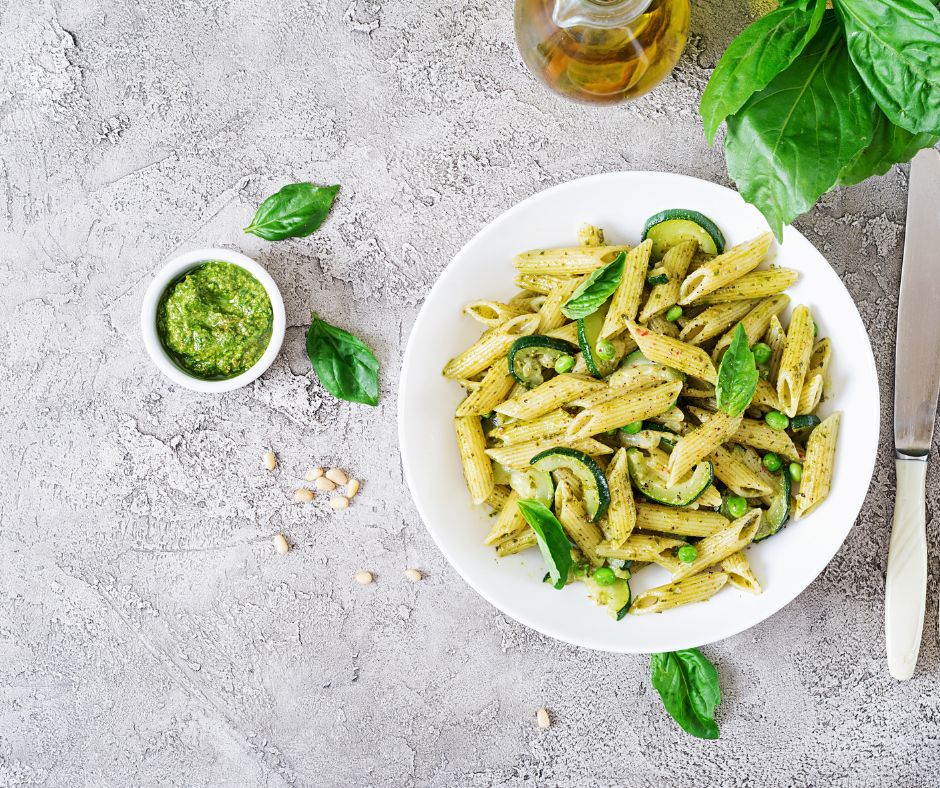 Penne Pasta with Pesto Sauce, Zucchini, Green Peas and Basil