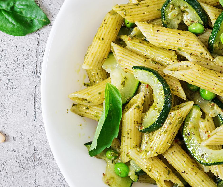 Penne Pasta with Pesto Sauce, Zucchini, Green Peas and Basil