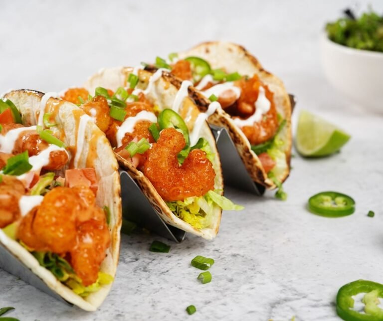 Bang Bang Shrimp Tacos on Soft Taco Shell
