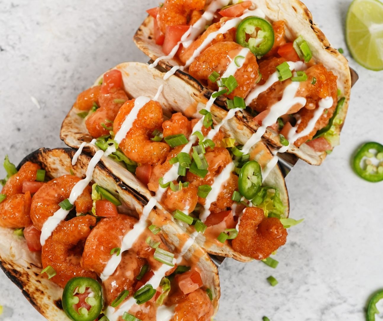 Bang Bang Shrimp Tacos on Soft Taco Shell