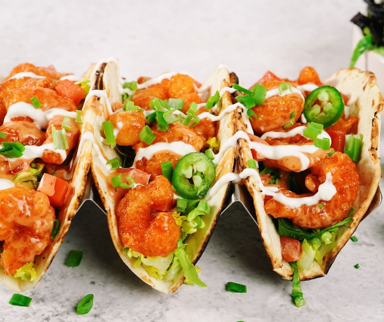 Bang Bang Shrimp Tacos on Soft Taco Shell
