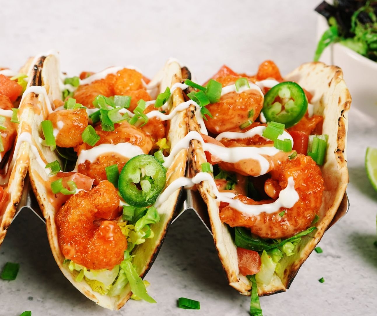 Bang Bang Shrimp Tacos on Soft Taco Shell