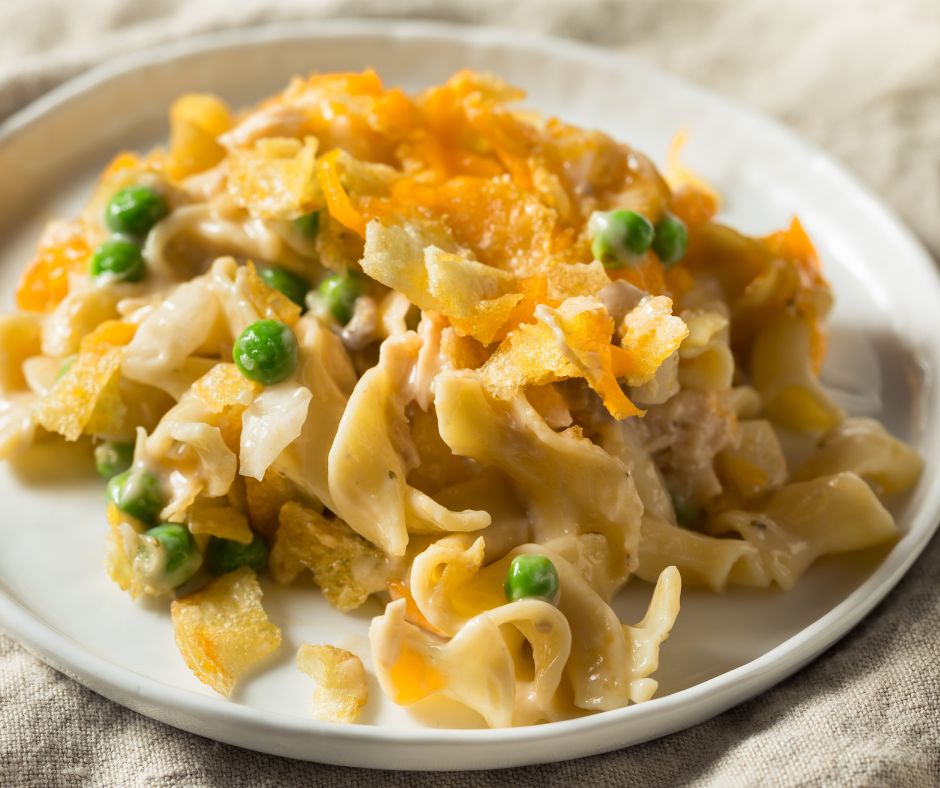 Cheesy Tuna Casserole with Peas and Egg Noodles