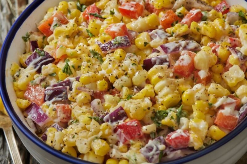 Creamy Corn Salad with Red Pepper, Spanish Onion and Fresh Parsley
