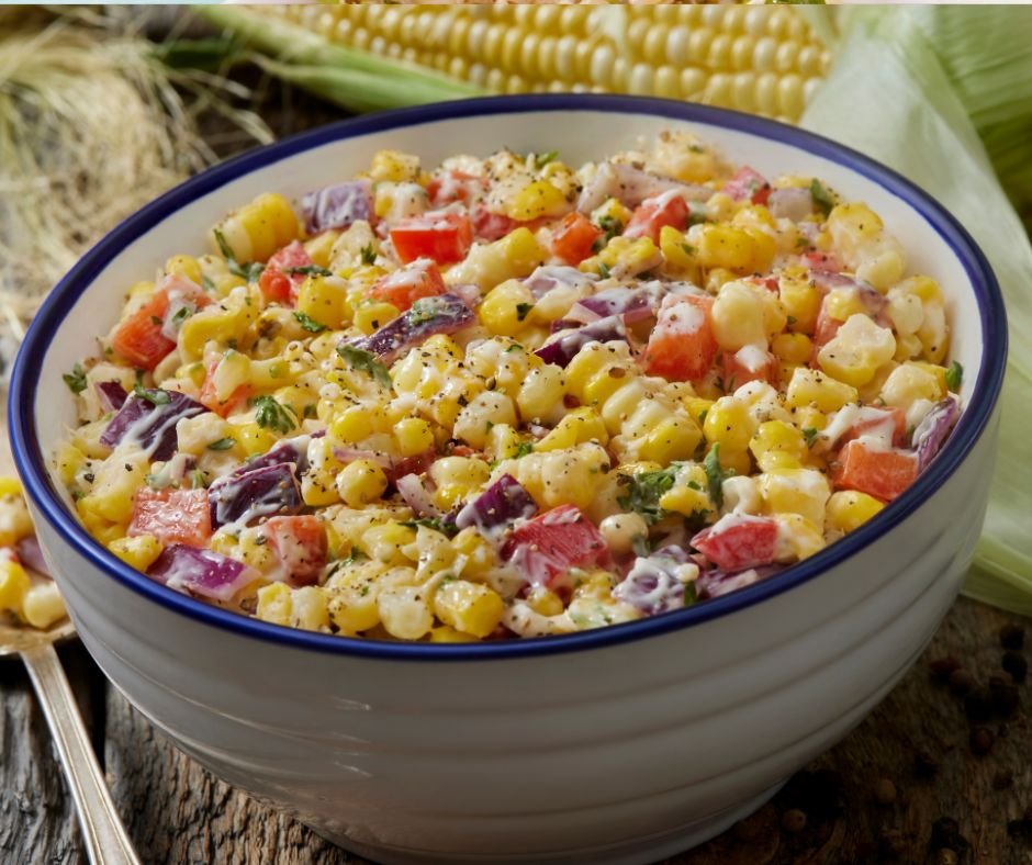 Creamy Corn Salad with Red Pepper, Spanish Onion and Fresh Parsley