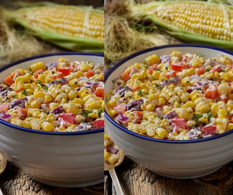 Creamy Corn Salad with Red Pepper, Spanish Onion and Fresh Parsley