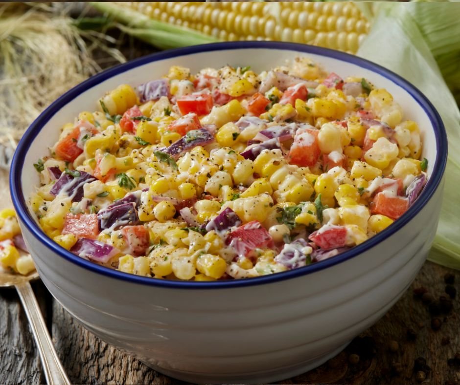 Creamy Corn Salad with Red Pepper, Spanish Onion and Fresh Parsley