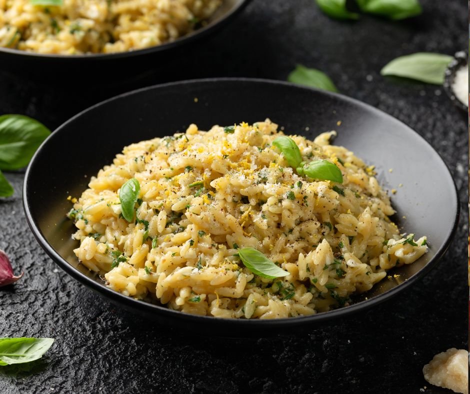 Creamy Garlic and Parmesan Orzo Pasta with lemon zest and parsley