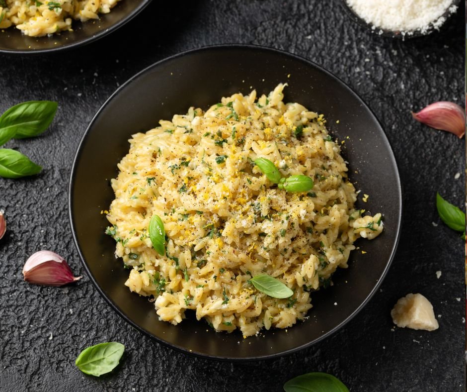 Creamy Garlic and Parmesan Orzo Pasta with lemon zest and parsley