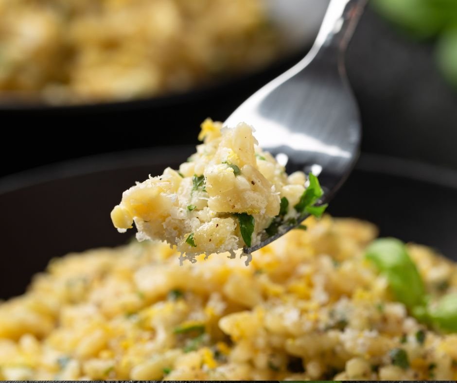 Creamy Garlic and Parmesan Orzo Pasta with lemon zest and parsley