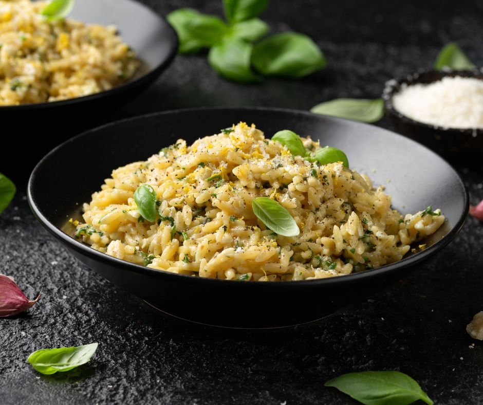 Creamy Garlic and Parmesan Orzo Pasta with lemon zest and parsley