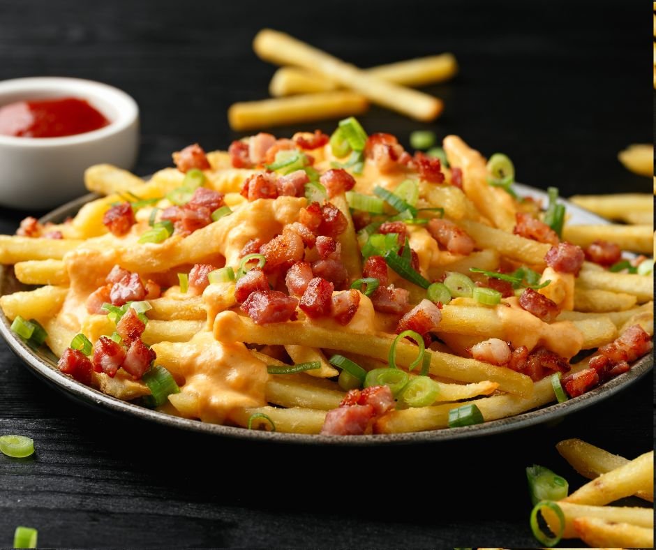 Crispy French fries loaded with bacon, cheese sauce and spring onion